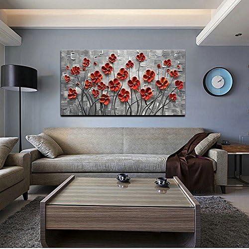 YaSheng Art - 48x24inch Canvas Wall Art, Hand Painted Oil Painting Wall Art ,Abstract 3D Texture Wall Art Pictures, Red Floral Paintings, Modern Home Bedroom Wall Art Decor, Wall Art for living room, Large Framed oil painting.