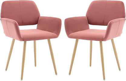 KCC Small Modern Dining Room Arm Chairs Set of 2, Mid-Century Upholstered Velvet Side Seat Club Guest with Metal Tube Legs for Kitchen, Living Room, Rose
