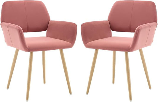 KCC Small Modern Dining Room Arm Chairs Set of 2, Mid-Century Upholstered Velvet Side Seat Club Guest with Metal Tube Legs for Kitchen, Living Room, Rose