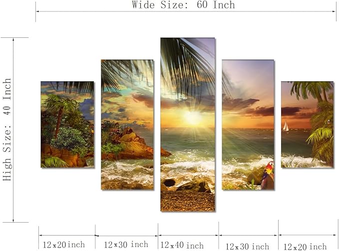 Yatsen Bridge Beautiful Beach Waves Palm Sunset Landscape Modern Pictures Painting on Canvas 5 Panels Combination Enlarge Set for Wall Art Living Room Home Decor Framed Stretched (60''W x 40''H)