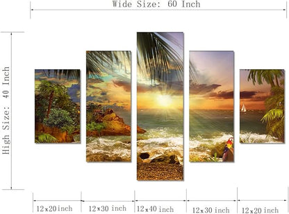 Yatsen Bridge Beautiful Beach Waves Palm Sunset Landscape Modern Pictures Painting on Canvas 5 Panels Combination Enlarge Set for Wall Art Living Room Home Decor Framed Stretched (60''W x 40''H)