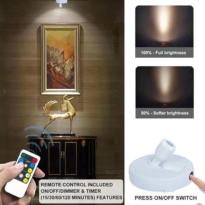HAMVIDNE LED Spotlight, Battery Operated Picture Lights, Indoor Uplight, Puck Lights with Remote, Spot Light for Wall Art Display Dartboard Painting Accent Artwork Closet-4Pack