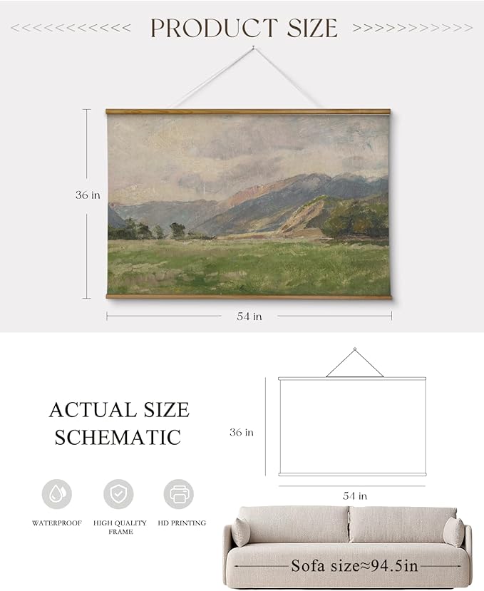 ARPEOTCY Extra Large Vintage Framed Wall Art, 36x54 Inch Field & Mountain Landscape Hanging Framed Canvas Print Art for Living Room Bedroom, Farmhouse Above Bed Wall Decor