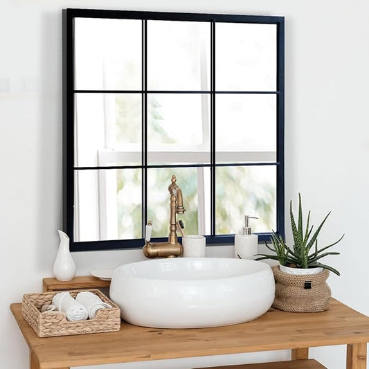 OUSHUAI Black Window Mirror 27"X27",Gird Decor Minimalism Wall Mounted Mirrors for Entryway,Hallway,Living Room,Fireplace