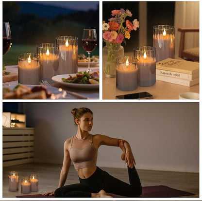 LEDHOLYT Rechargeable Flameless Candle, Flashing LED Pillar Real Wax Candle with Remote Control and Timer, Grey Stripes Glass Electronic Candles for Room Decoration, 1 Set of 3