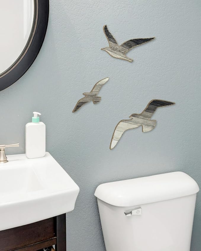 Putuo Decor 3pcs Wood Seagull Wall Decor Beach House Decor Coastal Ocean Themed Theme Wall Art Adhesive Seagull Wall Sculpture Sea Birds Lake House Ocean Vintage Ornaments For Home Bathroom