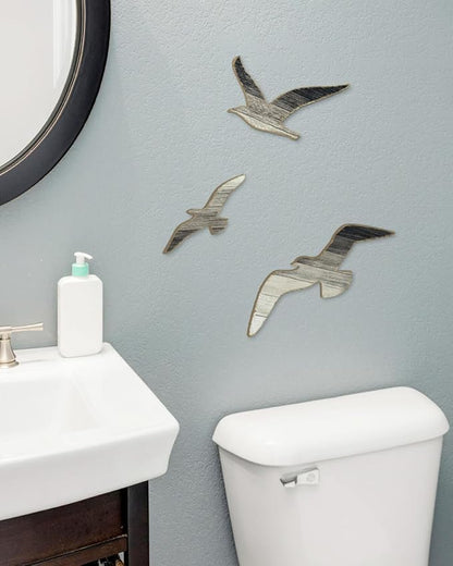 Putuo Decor 3pcs Wood Seagull Wall Decor Beach House Decor Coastal Ocean Themed Theme Wall Art Adhesive Seagull Wall Sculpture Sea Birds Lake House Ocean Vintage Ornaments For Home Bathroom