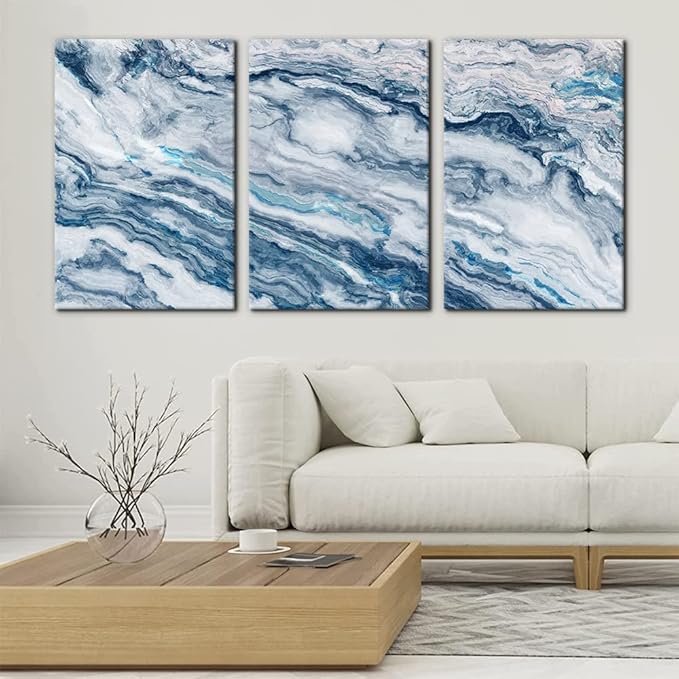 Abstract Wall Art Bedroom Wall Décor 3 Piece Blue Beach Ocean Picture Coastal Theme Nautical Sea Wave Canvas Prints on Canvas Seascape Modern Artwork for Home Living Room Office - 16"x24"x3 Panel