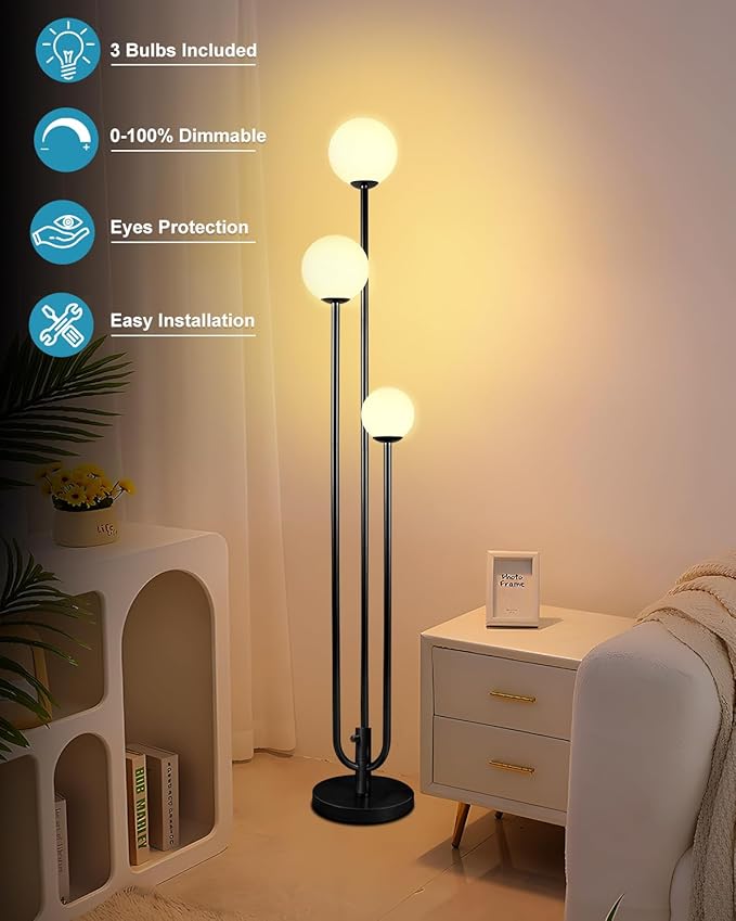 63IN 3-Light Dimmable Floor Lamp, Unique Black Tall Standing Lamps with 3000K Bulbs for Reading, Mid Century Modern Floor Lamp with 5Lbs Heavy Base for Living Room Bedroom Office