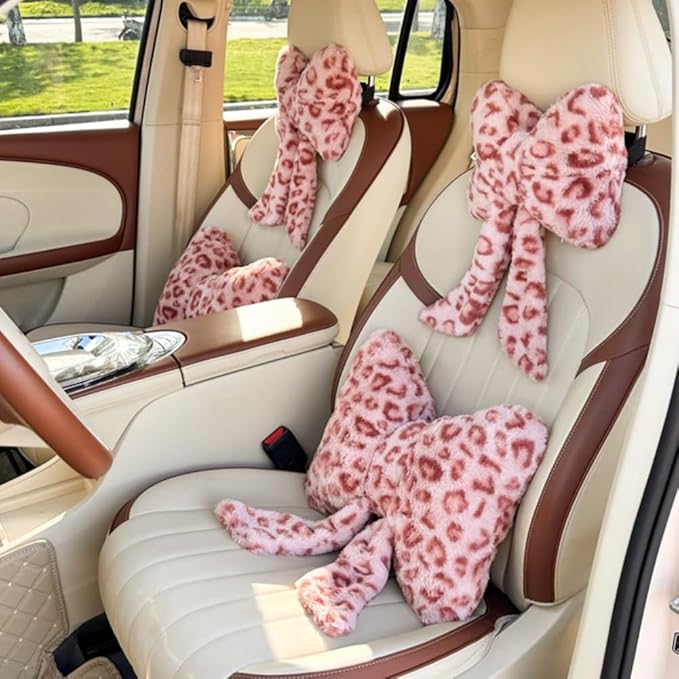 2 Pack Cute Leopard Print Bow Throw Pillows Furry Cheetah Bownote Plush Pillow Decor Bow Lumbar Suffed Pillow for Home Living Room Bedroom Bed Couch Cushion