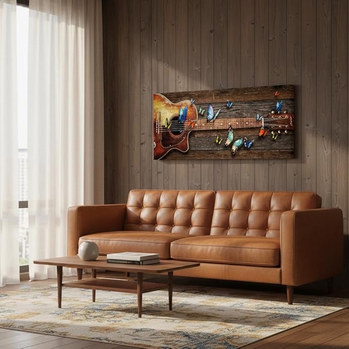 sechars Acoustic Guitar Wall Art Guitar with Butterflies Painting Canvas Print Vintage Music Room Decor Large 20"x48"