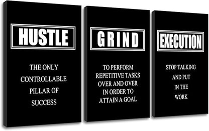 Motivational Wall Art Hustle Grind Execution Poster 3 Pieces Canvas Print Inspirational Quotes Decor Painting Framed for Office Home Living Room Decoration Ready to Hang [48''W x 24''H]