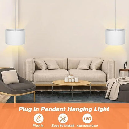 ZSLAIFU 15FT Plug in Pendant Light with Switch,Hanging Lamp with Plug in Cord, Hanging Light Pendant Lamp with Remote Control，Pendant Light Fixture for Living Room Bedroom Farmhouse (White x2)
