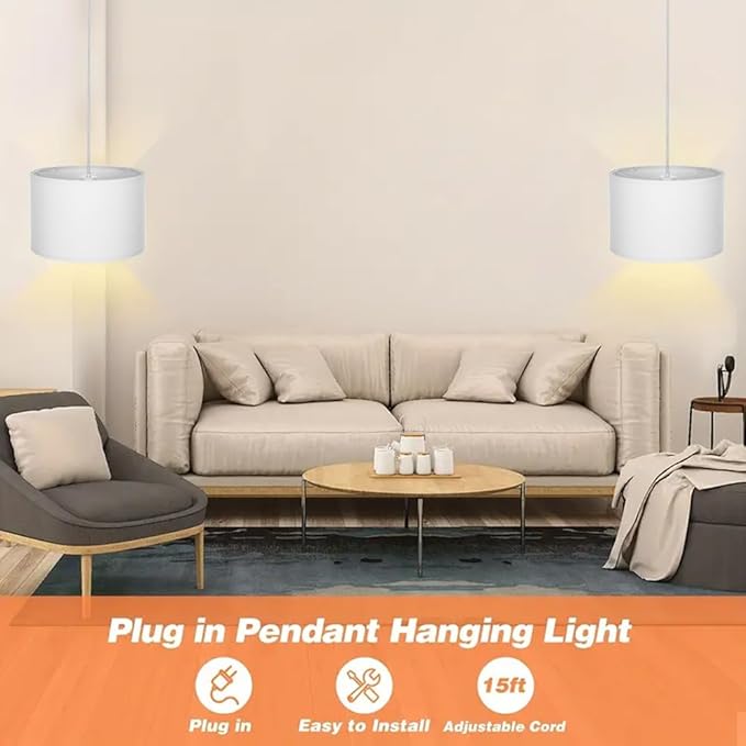 ZSLAIFU 15FT Plug in Pendant Light, Hanging lamp with Switch,White Hanging Lights with Plug in Cord, Pendant Lamp with Remote Control，Pendant Light Fixture for Living Room Bedroom Farmhouse