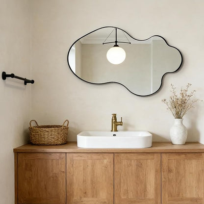 Irregular Mirror, 30"x18" Asymmetrical Mirrors, Black Metal Frame Wall Mirrors Decorative, Modern Odd Shaped Mirror for Living Room Bathroom Bedroom Hallway Entryway Fireplace