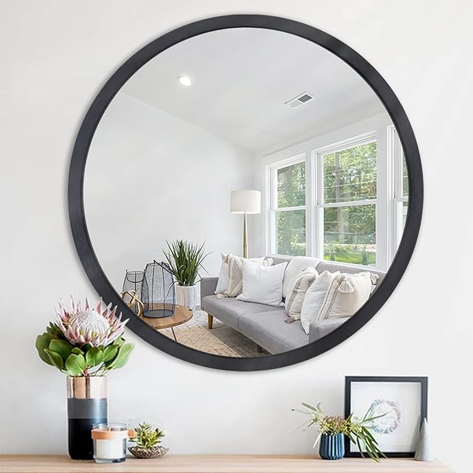 JJUUYOU Black Circle Wall Mirror Round Wall Mirror for Bathroom, Hanging Round Mirror for Living Room, Vanity, Bedroom