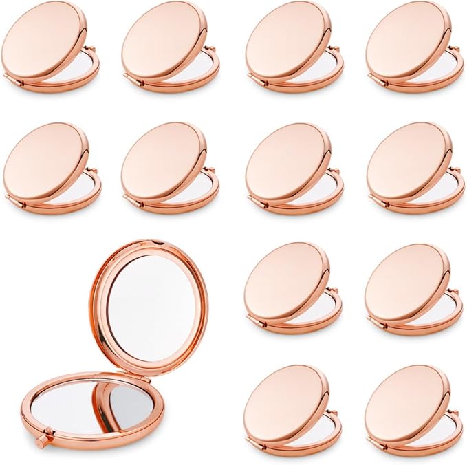 Compact Mirror for Purse, Metal Round Shell, Double-Sided 1X/2X Magnifying, Portable Travel Small Makeup Mirror, Mini Pocket Mirror, Rose Gold, 12 Pack