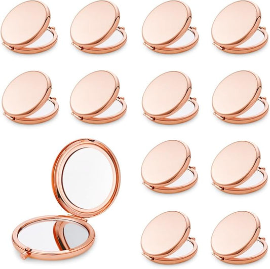 Compact Mirror for Purse, Metal Round Shell, Double-Sided 1X/2X Magnifying, Portable Travel Small Makeup Mirror, Mini Pocket Mirror, Rose Gold, 12 Pack