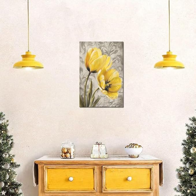 Wall HDQ Tulip Decorative Painting for Bathroom Bedroom Living Room Office Home Decor Abstract Yellow Flowers Pictures Canvas Print Framed