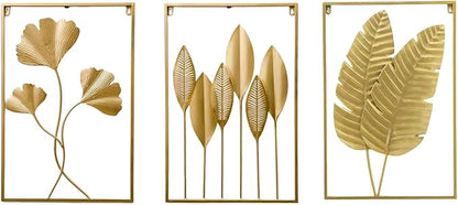 GSANMU Modern Metal leaf Wall Decor - 3 Pcs Yellow Large Hanging Wall Art Home Nature Decor for Indoor,Living Room, Office and Hotel 23.6×15.7 inch