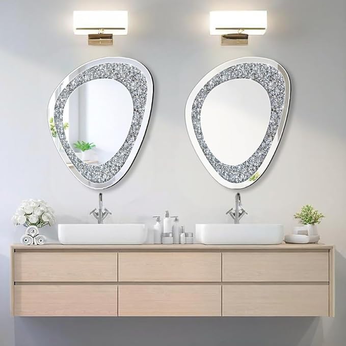 DMDFIRST Modern Irregular Shaped Wall Mirror – 21.6x16 Inch Decorative Oval Diamond Decor Mirror for Living Room, Bedroom, Bathroom, Entryway
