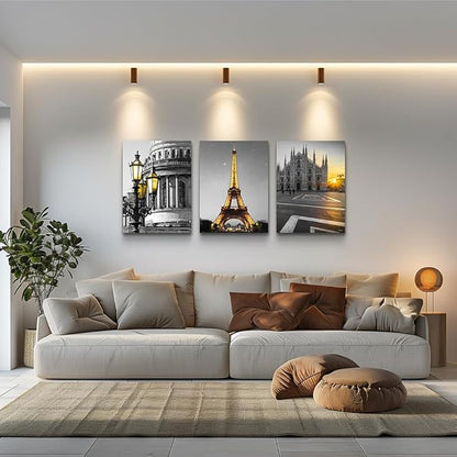 Black and white Architectural landscape Canvas Wall Art for Living Room kitchen Wall Artworks Bedroom Decoration, 3 Piece framed bathroom Home Wall decor posters Yellow Eiffel Tower wall painting
