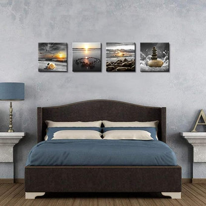Bamdeya Beach Wall Art Canvas Zen Prints Art Black and White Wall Decor Gold Sea Sunset Seascape Wall Pictures Ocean Sunrise Love Painting for Living Room Bathroom Decor Home Decoration Framed