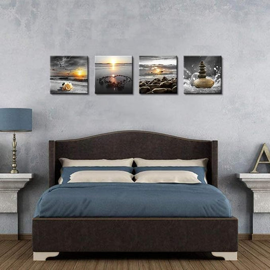 Bamdeya Beach Wall Art Canvas Zen Prints Art Black and White Wall Decor Gold Sea Sunset Seascape Wall Pictures Ocean Sunrise Love Painting for Living Room Bathroom Decor Home Decoration Framed