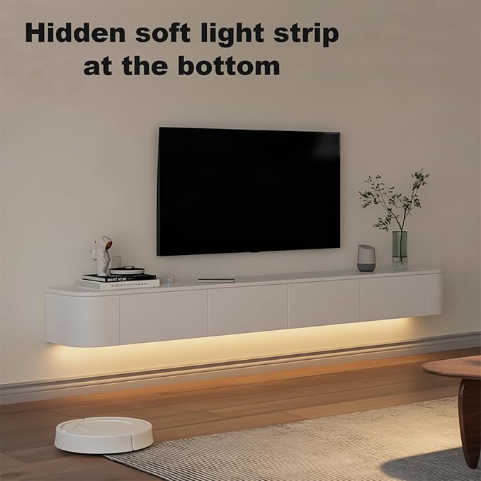 Floating TV Stand 79 Inch Wall Mounted TV Cabinet with LED Light Strip, TV Media Console with Flip-Down Door & Drawers for Living Room (White, Light Strip 78.7")
