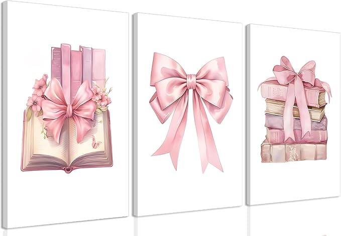 JBZZD Coquette Pink Bow Canvas Wall Art Set of 3,Book Lovers Gifts Preppy Decor Trendy Pink book Posters Pictures Prints Aesthetic for Girls Room College Apartment Living Room Bedroom Framed 16x24 In