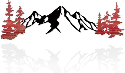Yuzhuo Metal Mountain Wall Art Decor, Mountain Forest Silhouette Art Suitable for Living Room Bedroom Indoor Outdoor Garden Home Decoration (Red, 34.5L x 11W)