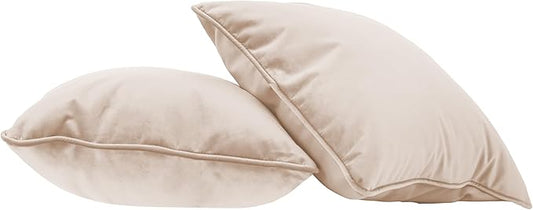 FDP 18" x 18" Velvet Square Pillow Set with Piping Decorative Throw Pillow for Home Dcor in Living Room, Bedroom or Lounge (2-Pack) - Beige, 15158-340