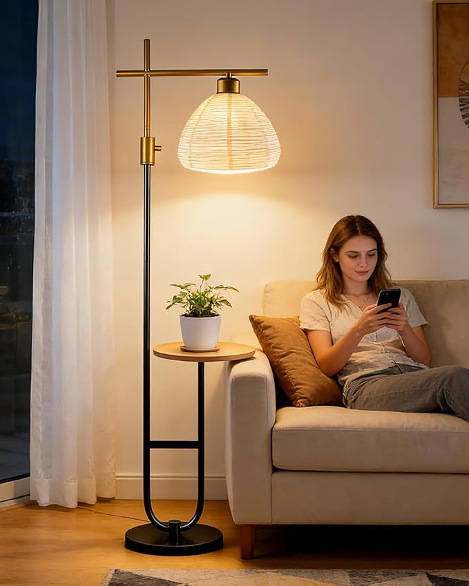 Lightdot 66IN Gold&Black Dimmable Floor Lamps with Storage Table, Modern Standing Tall Lamp with Milky White Globe Lampshade, Cross-Shaped Lamp Head and U-Pole Base Style for Living Room/Bedroom