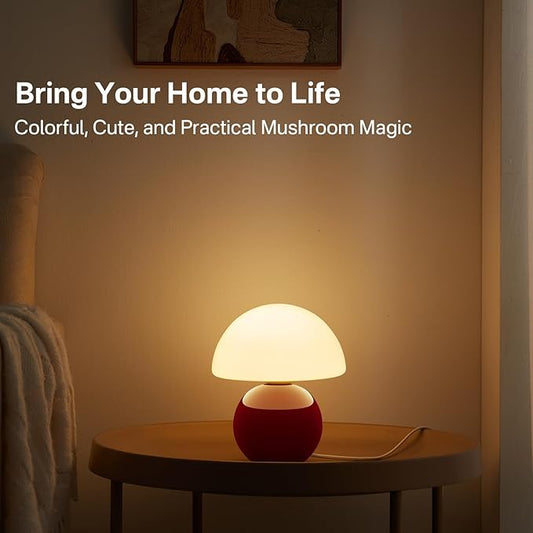 Dawnwake Mushroom Lamp Table Lamp for Bedroom,Desk Bedside Small Lamps for Living Room Night Stands,Mushroom Decor Cute Mini Modern Mid Century Lamps,Unique Aesthetic Home Living Room Decor(Wine Red)