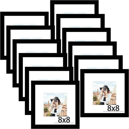 Picrit 8x8 Picture Frame Set of 12, Display 5x5 with Mat or 8 x 8 without Mat, Photo Frames for Wall Mounting or Table Top Display, Black