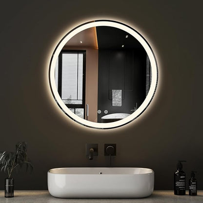 Sweetcrispy 24-Inch Round LED Bathroom Backlit Mirror with Lights, Circle Vanity Mirror with Anti-Fog, Dimmable, 3-Color Light, Memory Function, Tempered Glass