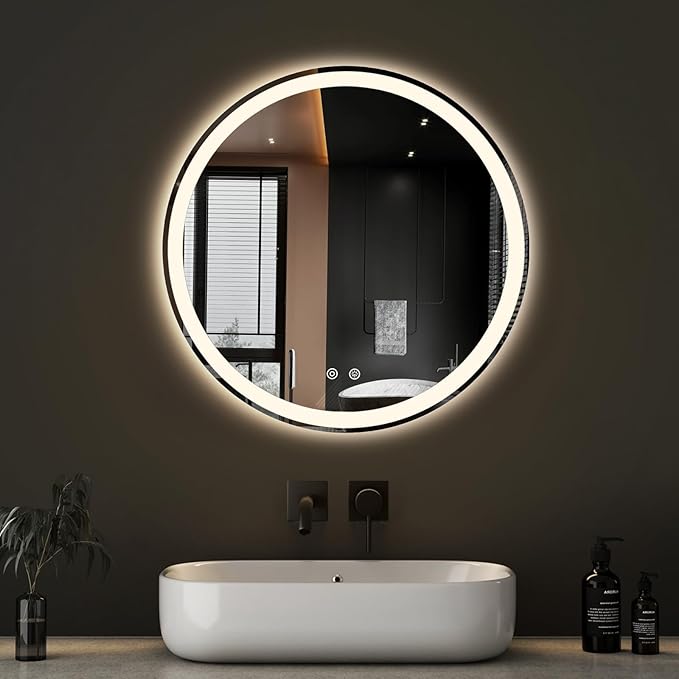 DUMOS 24 Inch Round LED Bathroom Mirror with Lights, Circle Vanity Mirror with Anti-Fog, Dimmable, 3-Color Light, Front Light and Backlit, Memory Function, Tempered Glass