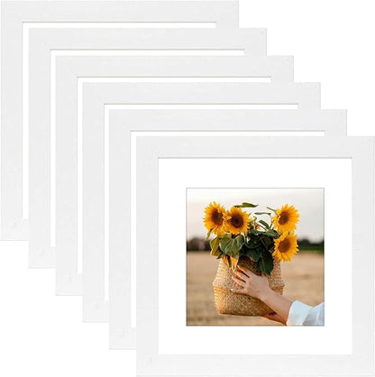 8x8 Picture Frame Rustic White Wood Set of 6,Display Pictures 5x5 with Mat or 8x8 Without Mat,Multi Photo Frames Collage for Wall or Tabletop Display