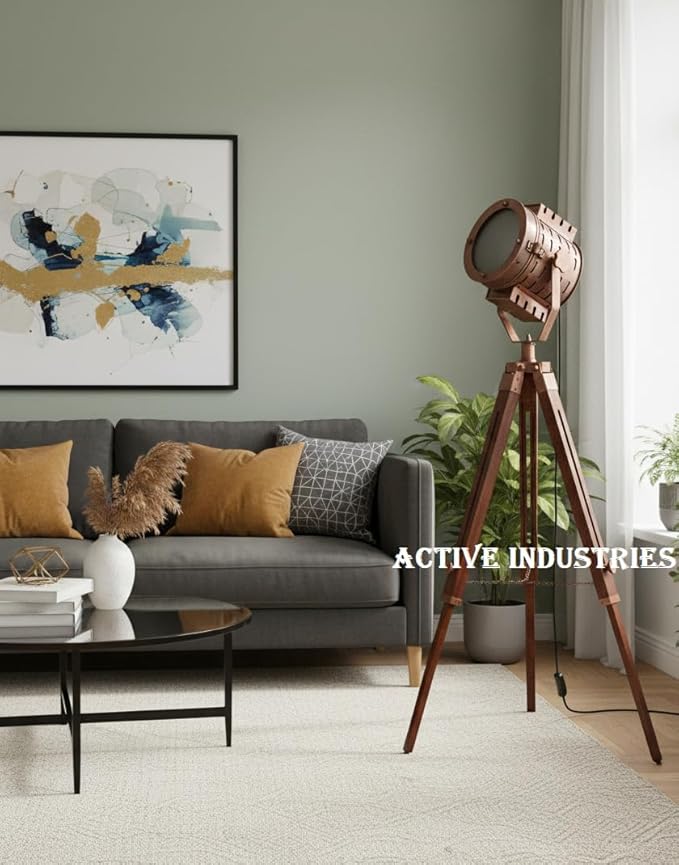 45" Hollywood Vintage Industrial Nautical Mid Century Modern Spotlight Floor Lamp with Tripod Stand - Nautical Searchlight for Office, Cinema, Living Room, and Studio Décor - Adjustable & Stylish