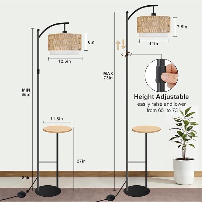 Vinaco Rattan Boho Floor Lamp with Table, Dimmable Floor Lamp with Remote Control Foot Switch, Wicker Tall Lamps 3 Color Temperatures, Adjustable Height Standing Lamps for Living Room Bedroom Office