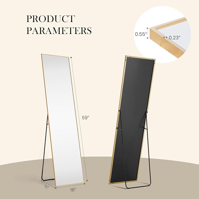 NEWBULIG Mirror Full Length, 16"x59" Body Wall Mirrors with Shatter-Proof Glass, Upgraded Floor Standing Mirror, Hanging or Leaning, with Stand Aluminum Alloy Frame for Home Decor, Bedroom, Gold