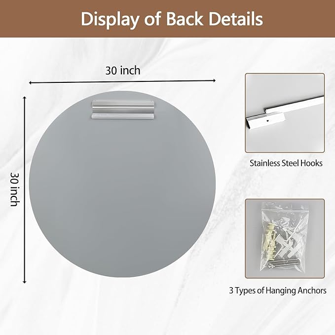 30 Inch Round Frameless Bathroom Mirror, Beveled Round Mirror, Circle Vanity Mirror with 1" Beveled Edge for Bathroom, Entryways, Living Room
