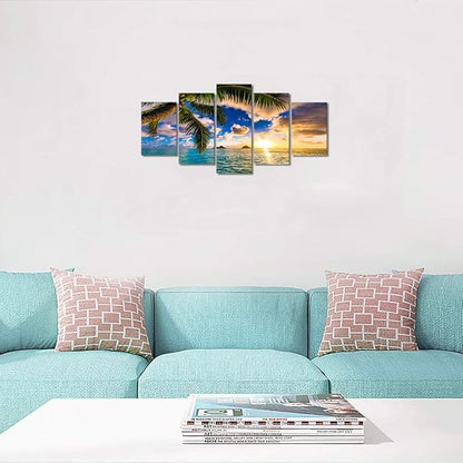 Modern 5 Piece Framed Giclee Canvas Prints - Blue Beach Landscape Blue Paintings on Canvas Wall Art Canvas Print Frame Picture Painting (B-5pcs,40"x20")