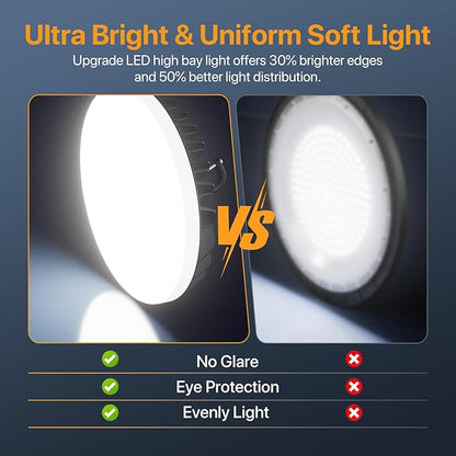 LED Shop Lights 150W - 18000LM UFO LED High Bay Light with 3 CCT Adjustable, 10%-100% Dimmable Remote Control IP65 Waterproof Garage Lighting for Workshop, 4 Packs