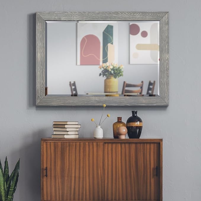 Wexford Home Gray Rustic Mirror Rectangular Barnwood Framed Wall Mirror for Home Decor, Vertical or Horizontal Hanging, 41x29