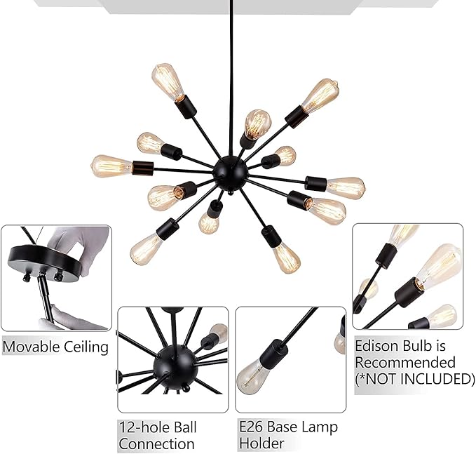 LIGHTDAMY Sputnik Chandeliers Black, Modern 12-Light Farmhouse Pendant Light Mid Century Lighting Vintage Industrial Ceiling Hanging for Living Dining Room, Bedroom, Kitchen Island, Foyer