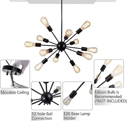 LIGHTDAMY Sputnik Chandeliers Black, Modern 12-Light Farmhouse Pendant Light Mid Century Lighting Vintage Industrial Ceiling Hanging for Living Dining Room, Bedroom, Kitchen Island, Foyer