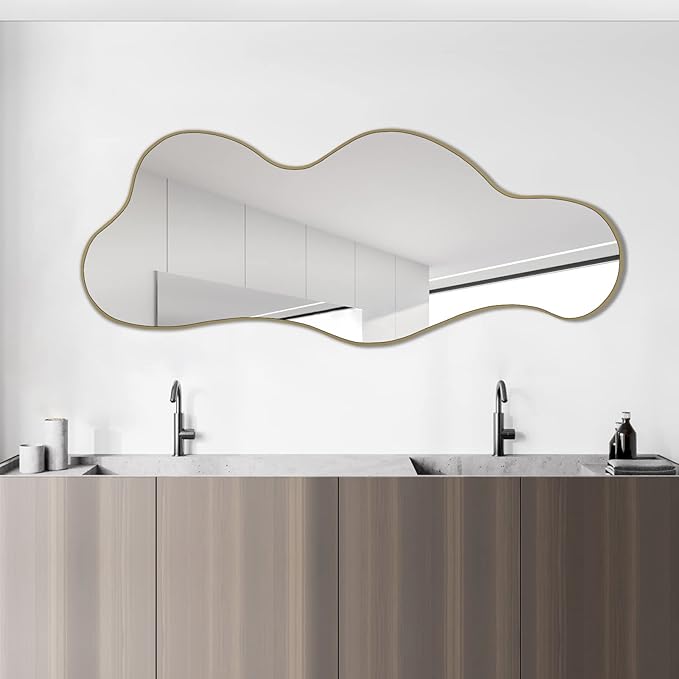 POZINO Irregular Wall Mirror, 39.3"x16" Asymmetrical Mirrors, Cloud Shaped Mirror, Gold Modern Abstract Frameless Mirrors for Bathroom Living Room Bedroom Entryway Hallway