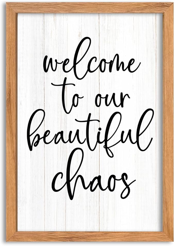 AuraPeak Welcome To Our Beautiful Chaos Sign Home Living Room Wall Decor Modern Family Rustic Farmhouse House Entryway Bedroom Hanging Horizontal Plaque Wall Art (Wood 16"×11")
