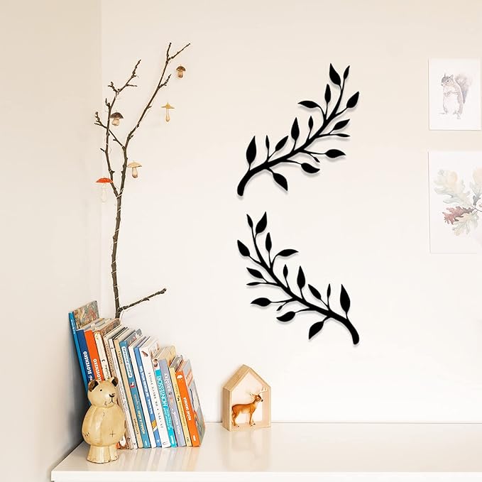 Yuzhuo 2 Pieces Metal Tree Leaf Wall Decor Branch Leaf Wall Art for Home Bedroom Living Room Iron Scroll Above The Bed Decorations (Black, L)